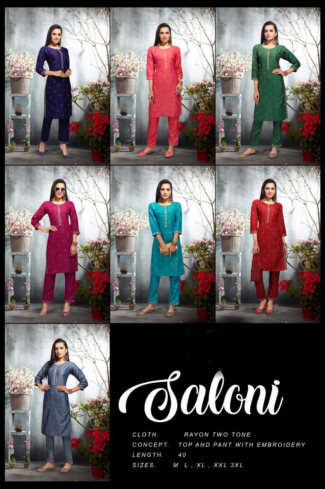 Saloni Fancy Casual Wear Rayon Embroidery Kurti With Pant Collection